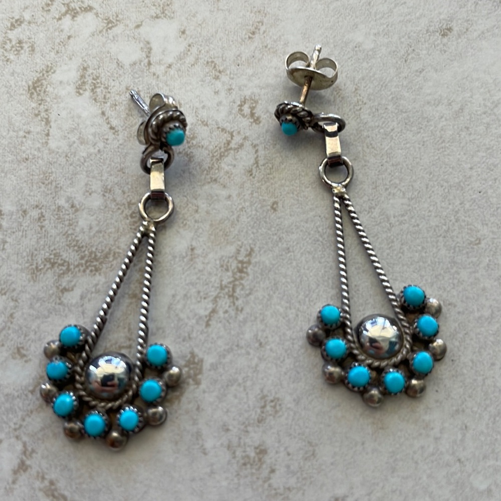 Turquoise and sterling silver drop earrings.